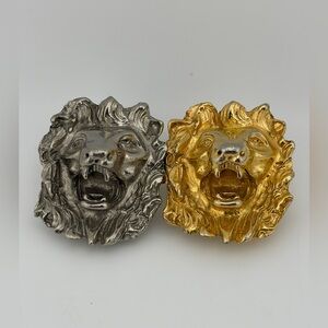 Vintage Silver/Gold Heavy Metal Lion Heads Belt Buckle Unisex